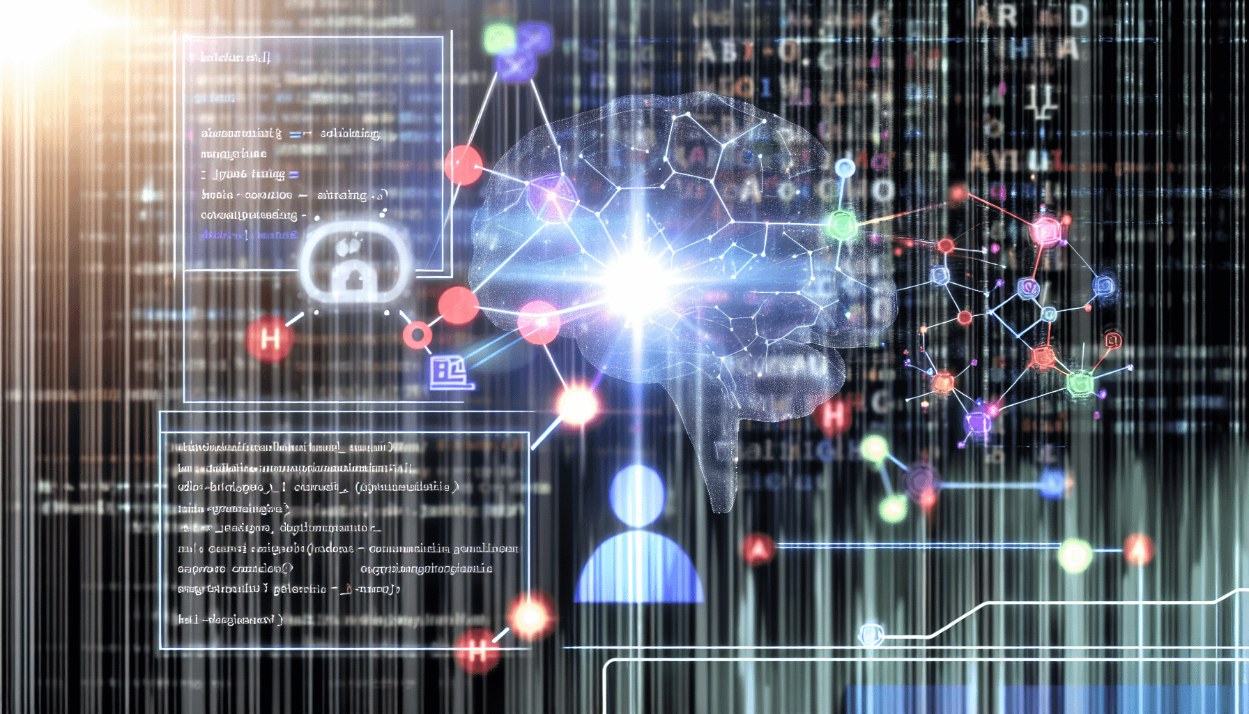 Eine abstrakte Darstellung von Künstlicher Intelligenz, die für E-Mail-Marketingstrategien genutzt wird. Es ist eine Nahaufnahme eines Bildschirms, der ein komplexes Flussdiagramm mit wichtigen Marketing-Schlüsselwörtern, bunten, miteinander verbundenen Knoten und Logikgattern zeigt, das das Zusammenspiel von Analytik, Vorhersage des Verbraucherverhaltens und gezielter Kommunikation darstellt. Hinter dem transparenten Bildschirm pulsiert ein KI-Hologramm, eine ätherische Form, die einem menschlichen Gehirn ähnelt, mit Lichtstrahlen, die Algorithmen und rechnerisches Denken symbolisieren. Im Hintergrund fallen Zeilen von Code herab, die die Datenverarbeitung darstellen.