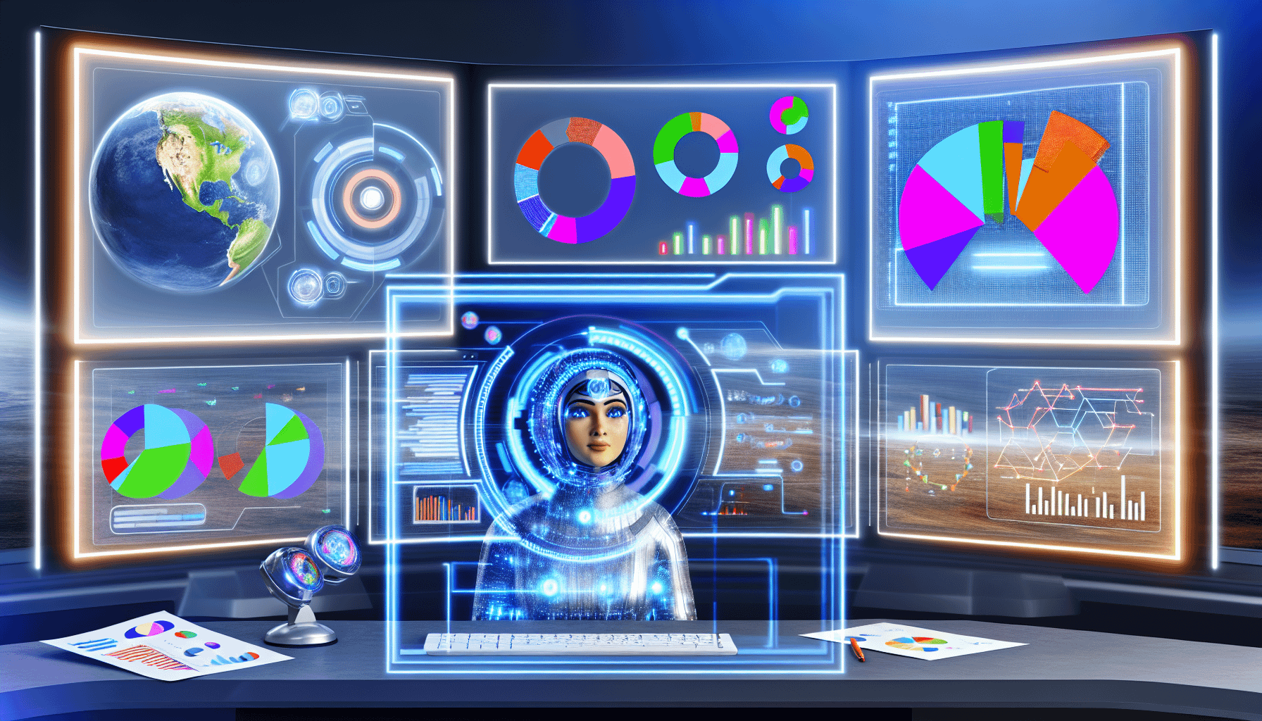 Ein Bild eines futuristischen Kommandoszentrums mit verschiedenen Monitoren, die Infografiken zu E-Mail-Marketingstrategien anzeigen. In der Mitte studiert eine KI-Charakter, eine mittelÃ¶stliche Frau, die Analysen auf einem groÃŸen Bildschirm. Bunte Tortendiagramme, Balkendiagramme und Liniendiagramme erhellen ihr Gesicht. Auf dem linken Bildschirm zeigt ein sich drehender Globus die Standorte erfolgreicher E-Mail-Kampagnen an, wÃ¤hrend auf dem rechten Bildschirm eine digitale Zeitleiste die Entwicklung und Meilensteine erfolgreicher Strategien markiert.