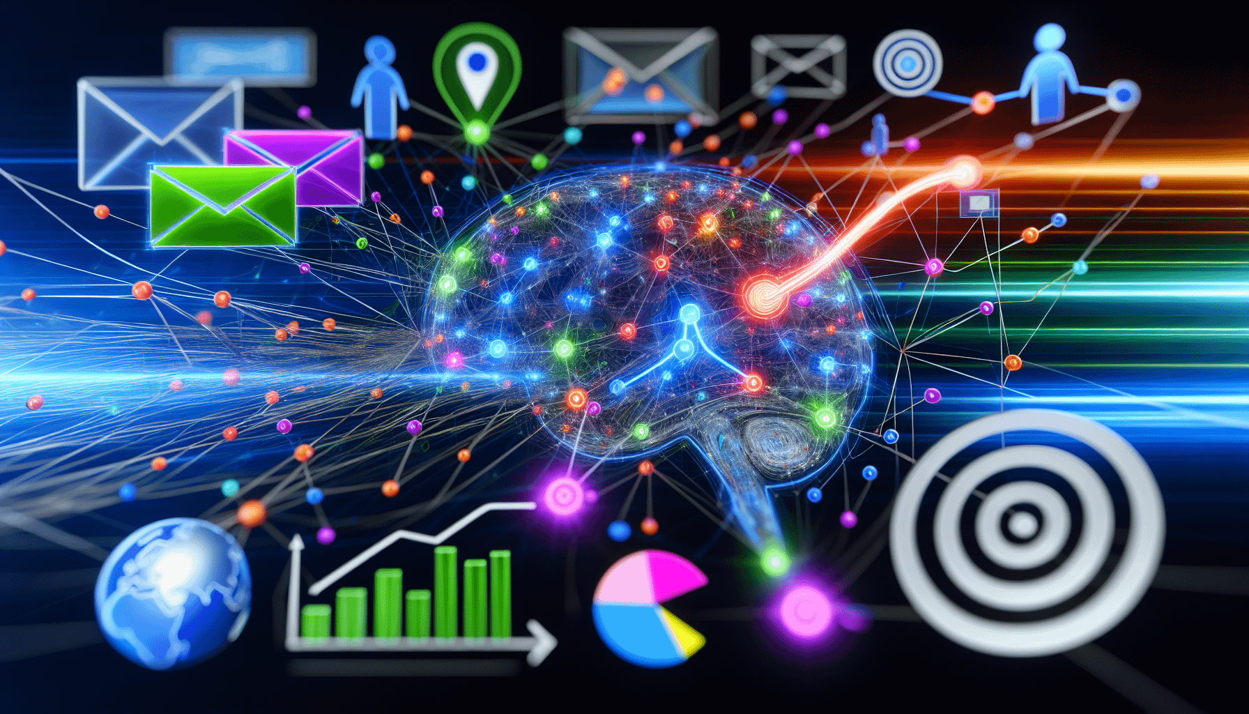 Eine abstrakte Visualisierung von Künstlicher Intelligenz (KI) in Form eines leuchtenden neuronalen Netzwerks, das mit grafischen Darstellungen von E-Mail-Marketing-Strategien interagiert. Das Bild zeigt farbenfrohe Datenstränge, die zwischen 3D-strukturierten Neuronen und verschiedenen Elementen wie Umschlägen, Grafiken, Zielsymbolen und Globussen fließen, alles in einem hyperrealistischen digitalen Raum.