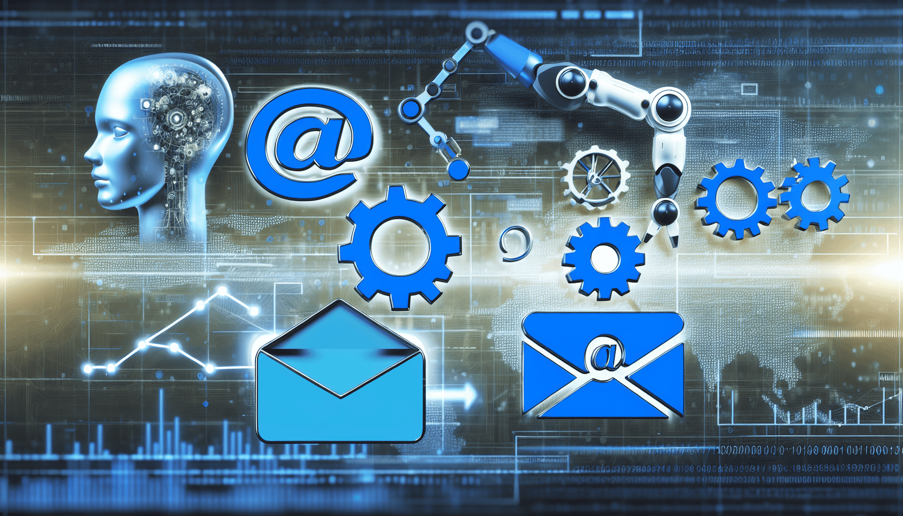 E-Mail Marketing Ein Bild, das verschiedene Werkzeuge und Techniken der kÃ¼nstlichen Intelligenz zeigt, die in E-Mail-Marketingstrategien verwendet werden. Das Bild enthÃ¤lt Symbole fÃ¼r KI, wie einen Roboterarm, ein Symbol fÃ¼r neuronale Netzwerke und ZahnrÃ¤der, die zusammen mit Symbolen fÃ¼r E-Mails, wie einem Umschlag, dem '@'-Symbol und einem Cursor, arbeiten. Diese kÃ¶nnten vor einem digitalen Hintergrund platziert sein, der Diagramme, Grafiken und Datenanalysetools enthÃ¤lt. Das Farbschema ist Ã¼berwiegend blau und weiÃŸ, was Technologie und Information reprÃ¤sentiert.