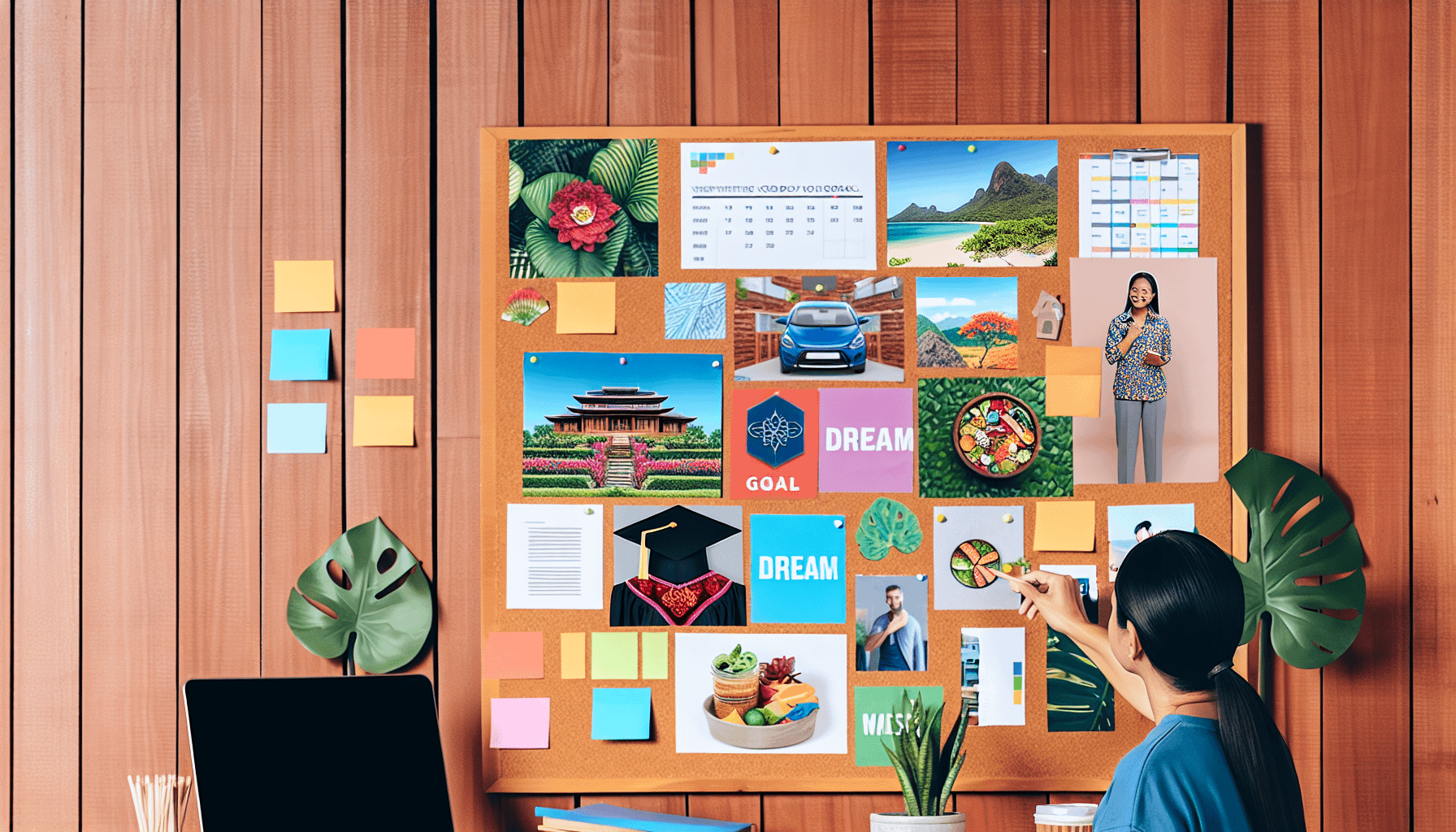 Ziele erreichen durch ein Vision Board. Das Vision Board ist prominent an einer Holzwand platziert. Es ist gefÃ¼llt mit verschiedenen Bildern, Haftnotizen und motivierenden Zitaten. Es gibt Ausschnitte von Traumzielen, einem Traumhaus, einem prestigetrÃ¤chtigen Diplom, einem Fitnessziel, einer gesunden Mahlzeit usw. Die Bilder sind bunt und inspirierend. Eine Hand einer kaukasischen Frau ist zu sehen, die ein weiteres Ziel auf das Board platziert â€“ ein Bild von einem Auto. Neben der Frau steht ein asiatischer Mann, der das Board betrachtet und eine Tasse Kaffee hÃ¤lt. Rundherum befinden sich ein Schreibtisch, ein Stuhl, eine Pflanze und ein Laptop, die eine gemÃ¼tliche AtmosphÃ¤re schaffen.