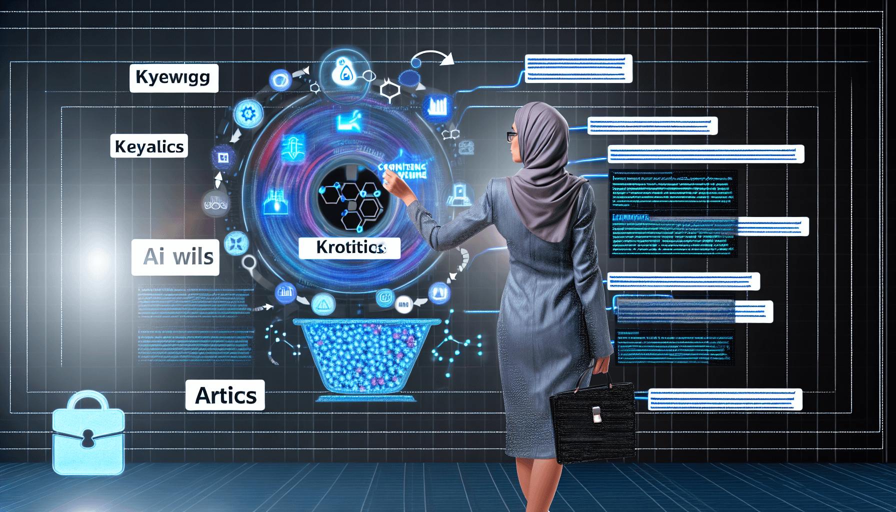 Ein Bild, das das Konzept von Strategien für Content-Marketing mit künstlicher Intelligenz darstellt. Es könnte eine Benutzeroberfläche eines KI-Content-Generators zeigen, mit Eingabefeldern für Schlüsselwörter, produzierten Artikeln und verschiedenen Analysen. Außerdem könnte eine allgemeine Marketerin, eine Frau aus dem Nahen Osten, dargestellt werden, die die Daten auf einem großen Bildschirm analysiert. Grafisch könnte ein Datenfluss dargestellt sein, der von der KI-Software zu verschiedenen digitalen Plattformen führt - Blogs, sozialen Medien, Newslettern.
