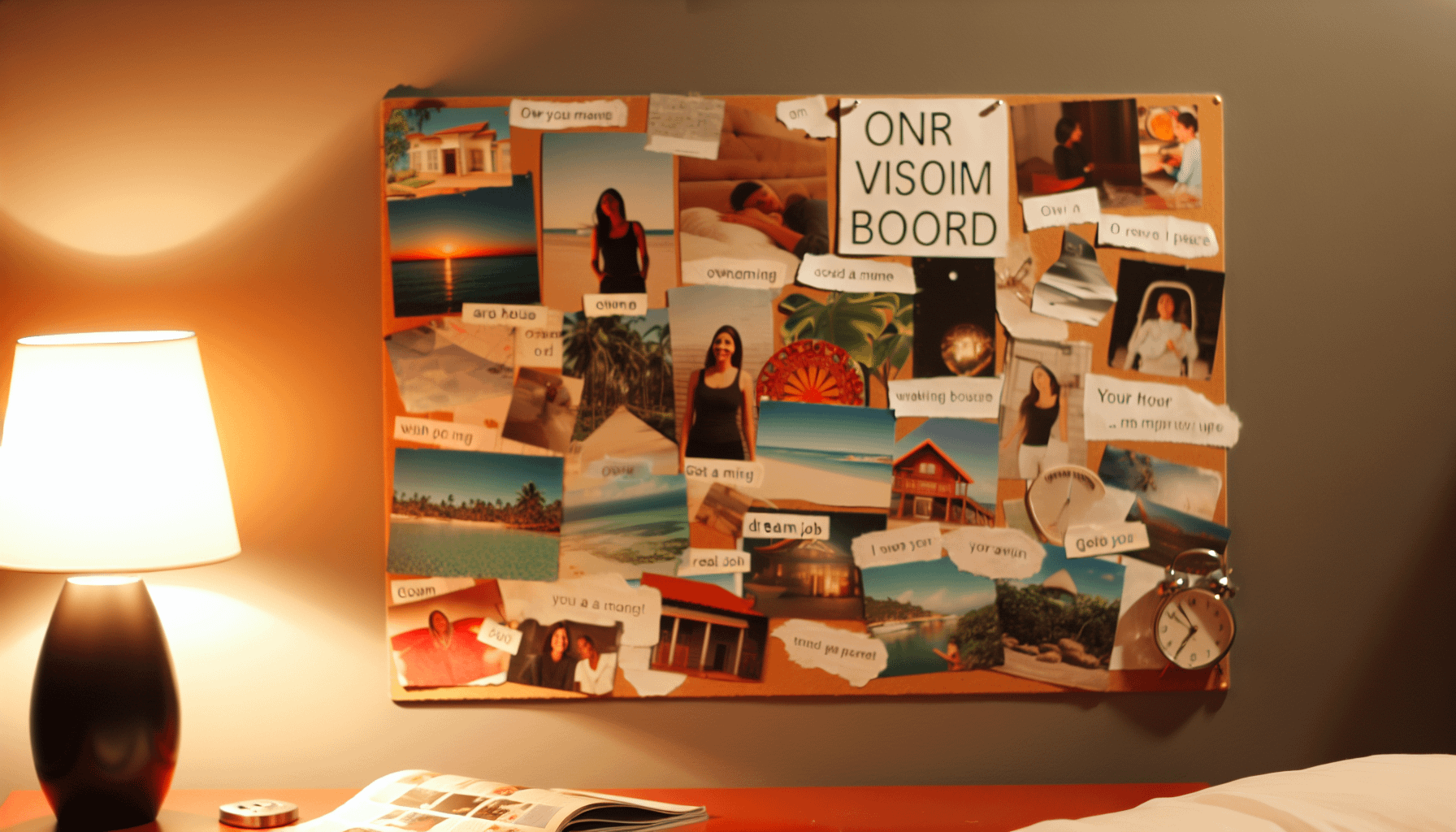 Ein Vision Board, das mit Bildern und Worten gefüllt ist, die die eigenen Träume und Ziele darstellen. Dieses Board besteht aus Fotografien, Zeichnungen und Ausschnitten aus Zeitschriften, die Bestrebungen wie den Besitz eines Hauses, das Reisen an exotische Orte, den Erwerb eines Traumjobs und das Erreichen innerer Ruhe hervorheben. Es wird in der Nähe eines Schreibtisches unter warmem Licht platziert, was ein Gefühl von Inspiration und Motivation hervorruft.