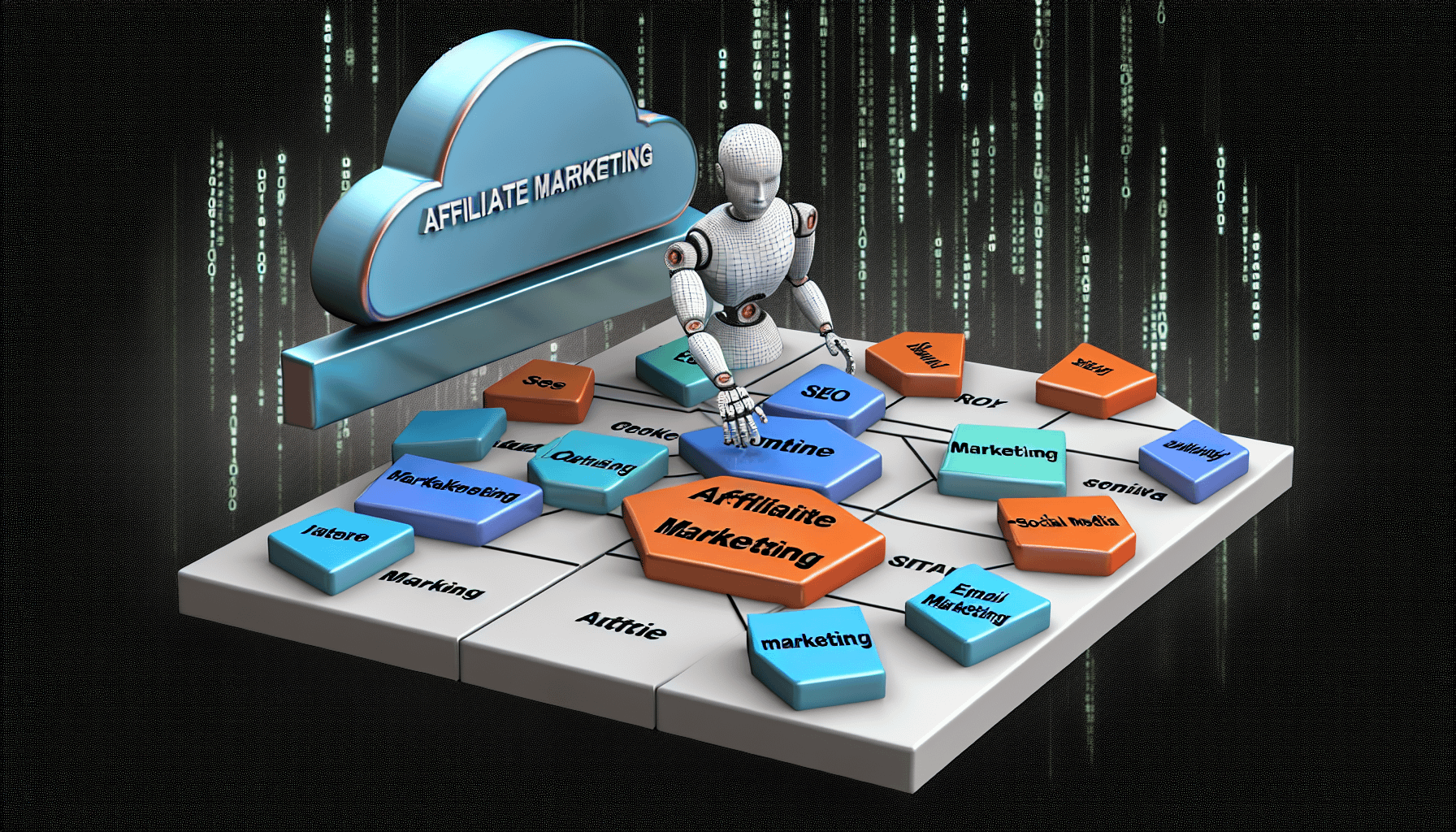 Eine konzeptionelle Darstellung der Strategien im Affiliate-Marketing, die durch kÃ¼nstliche Intelligenz verbessert werden. Das Bild zeigt ein 3D-Board mit beschrifteten Sektoren fÃ¼r verschiedene Marketingstrategien wie Content-Marketing, SEO, E-Mail-Marketing, Social-Media-Marketing und andere. Jeder Sektor enthÃ¤lt eine Drahtgitter-robotische Hand, die ein Element der Strategie auf das Board platziert. Ãœber dem Board schwebt eine digitale Wolke, die Datenanalyse und algorithmische Prozesse symbolisiert. AuÃŸerdem sind im Hintergrund Elemente zu sehen, die digitalen Fortschritt signalisieren, wie binÃ¤re Codes und subtile Matrix-Ã¤hnliche Bilder.