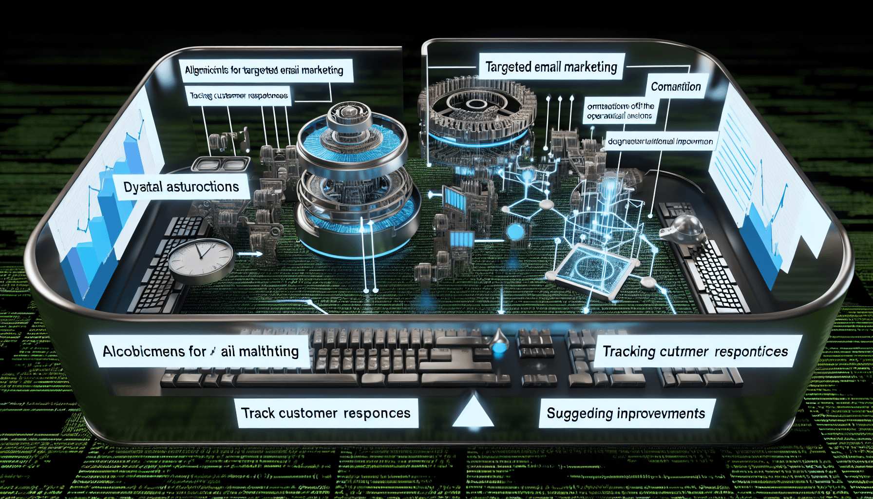 Eine detaillierte Darstellung eines KI-Systems, das für E-Mail-Marketingstrategien entwickelt wurde. Das KI-System zeigt eine futuristische, digitale Umgebung, die mit Codes und Diagrammen auf großen Tastaturen übersät ist. Die Schlüsselelemente des Systems, wie Algorithmen für gezieltes E-Mail-Marketing, die Verfolgung von Kundenreaktionen und die Vorschläge zur Verbesserung, werden als verschiedene Fächer dieses kybernetischen Systems dargestellt. Es gibt auch visuelle Darstellungen der betrieblichen Erkenntnisse, die das System basierend auf Datenanalysen bereitstellt, und wie diese die Marketingstrategien beeinflussen.