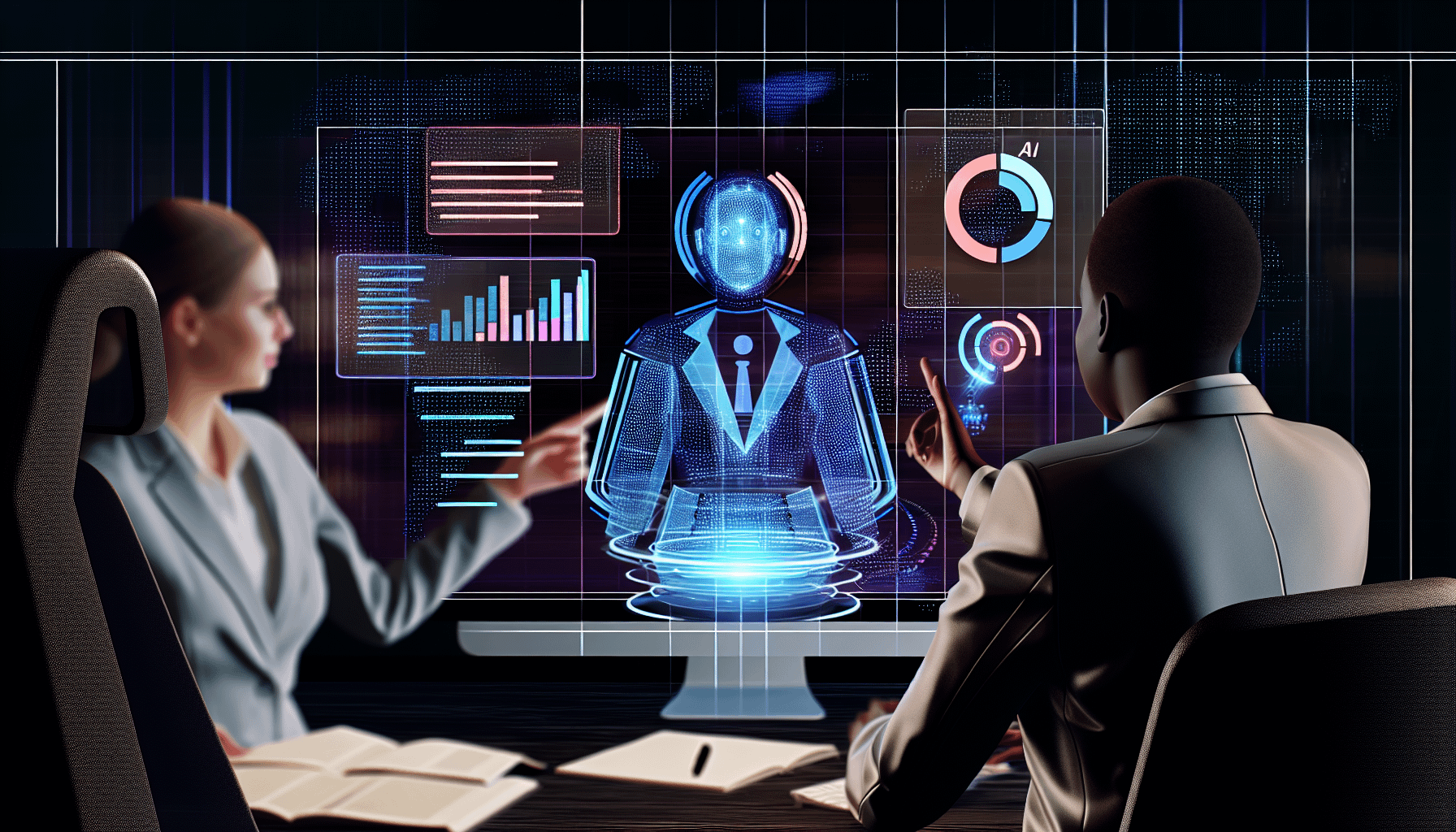 Visuelle Darstellung von Content-Marketing-Strategien, die mit künstlicher Intelligenz umgesetzt werden. Die Szene kann einen futuristischen Computer mit holografischen Bildschirmen zeigen, die Grafiken und Analysen anzeigen. Eine kaukasische Frau und ein schwarzer Mann, beide in Businesskleidung, interagieren mit den Hologrammen und schlagen Modifikationen der Strategien vor. Die KI, möglicherweise als intelligenter Avatar oder Chatbot, unterstützt sie, indem sie die Strategien sofort basierend auf ihren Eingaben und prädiktiven Analysen aktualisiert.