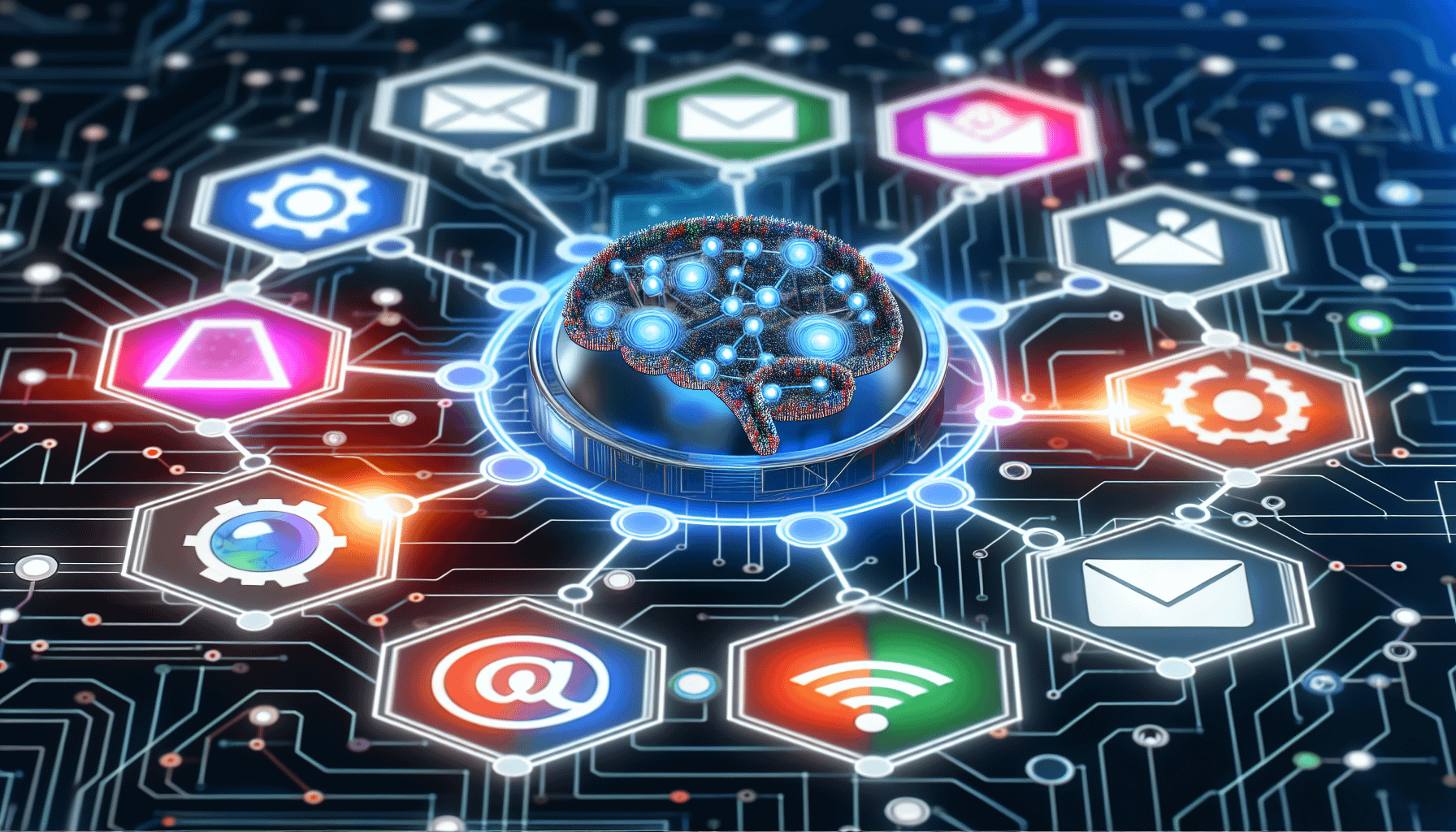 Ein modernes Marketingstrategie-Konzept, bei dem künstliche Intelligenz eine entscheidende Rolle spielt. Das Bild zeigt ein komplexes digitales Netzwerk, das mit miteinander verbundenen Knoten illustriert ist und Online-Plattformen repräsentiert. In der Mitte befindet sich ein Symbol für künstliche Intelligenz, möglicherweise ein stilisiertes Gehirn, das mit Schaltkreisen durchzogen ist und das neuronale Netzwerk symbolisiert. Um dieses Zentrum herum sind verschiedene Marketingelemente angeordnet, wie repräsentative Icons für SEO, E-Mail-Marketing, Content-Marketing, Social Media Marketing und Pay-per-Click. Die Komposition deutet auf die Integration und Automatisierung von Affiliate-Marketing-Strategien durch KI hin.